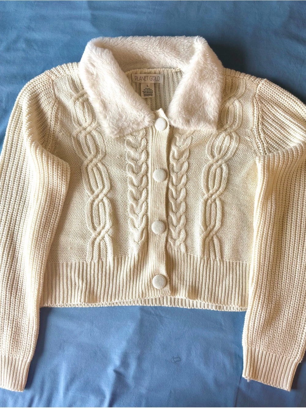 Planet Gold Cream Cable Knit Sweater with Faux Fur Collar